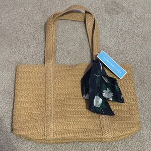 Draper James Tan Woven Tote with Floral Scarf